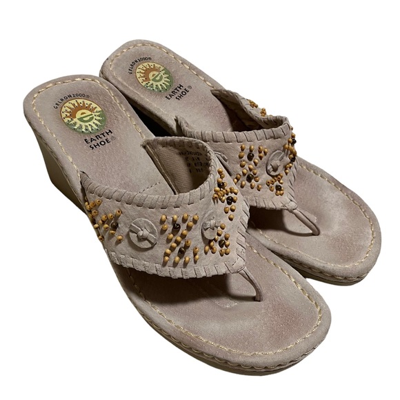 Earth Shoe Gelron 2000 Lily Tan Beaded Wedge Sandal Size 9 - Picture 1 of 11